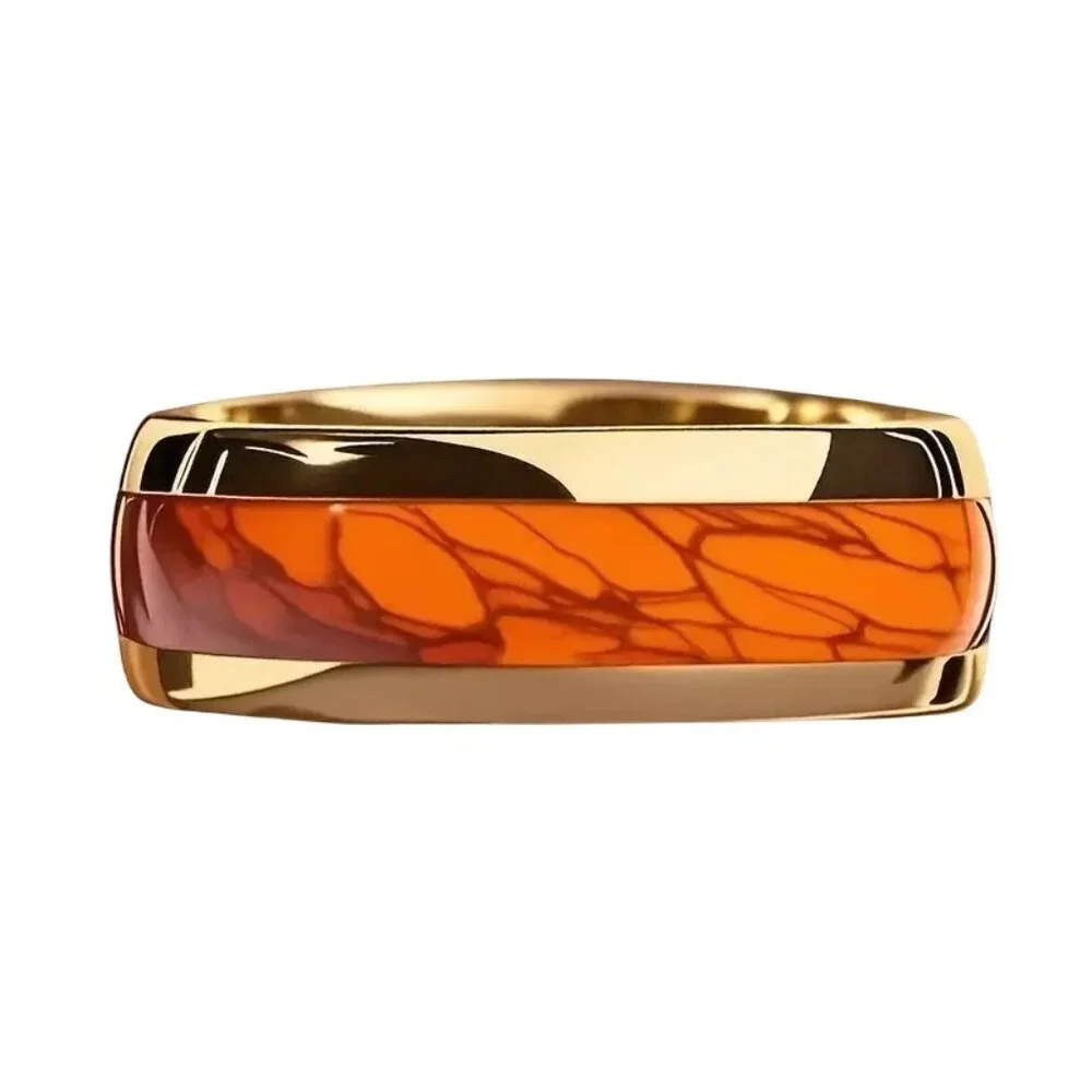Tungsten Steel Men's Fashion Ring High Polished Orange Marble & gold plated rims